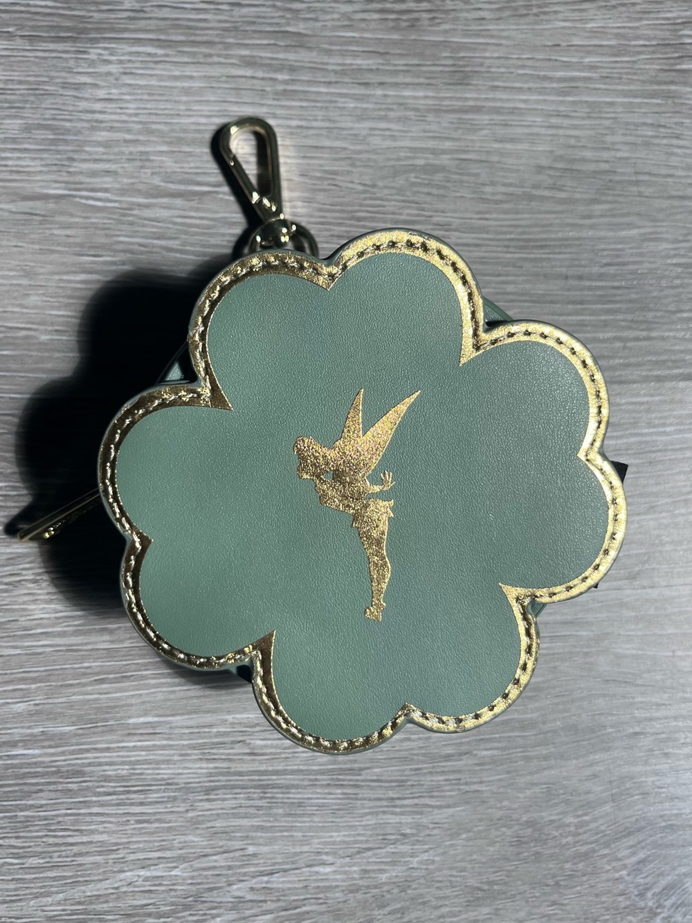 Loungefly Tinker Bell Green Floral Keychain Coin Pouch with Gold Trim